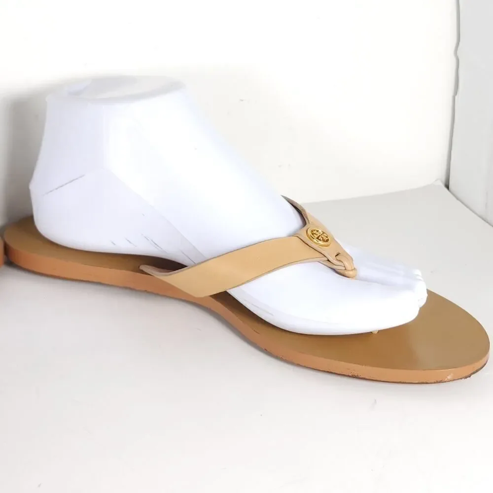 Tory Burch Women's Manon US9M Natural Leather Flat Thong Flip Flops Sandals